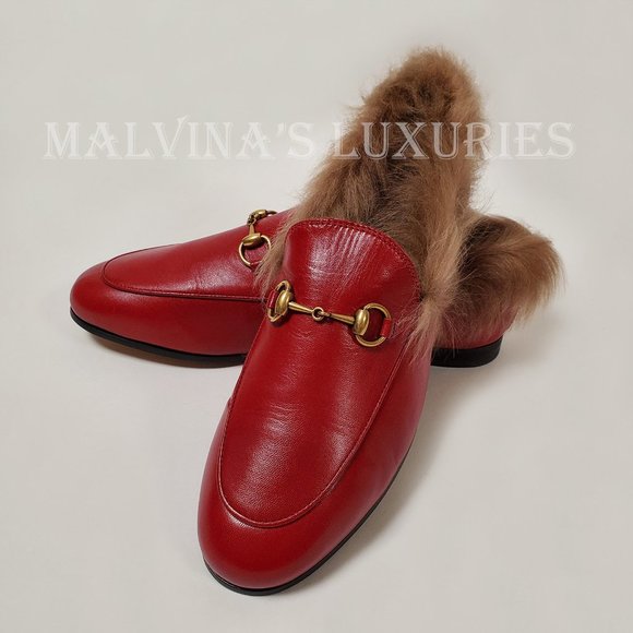 GUCCI SHOES JORDAAN HORSEBIT SHEARLING FUR RED LEATHER LOAFERS 37.5 7.5 US - Picture 3 of 16